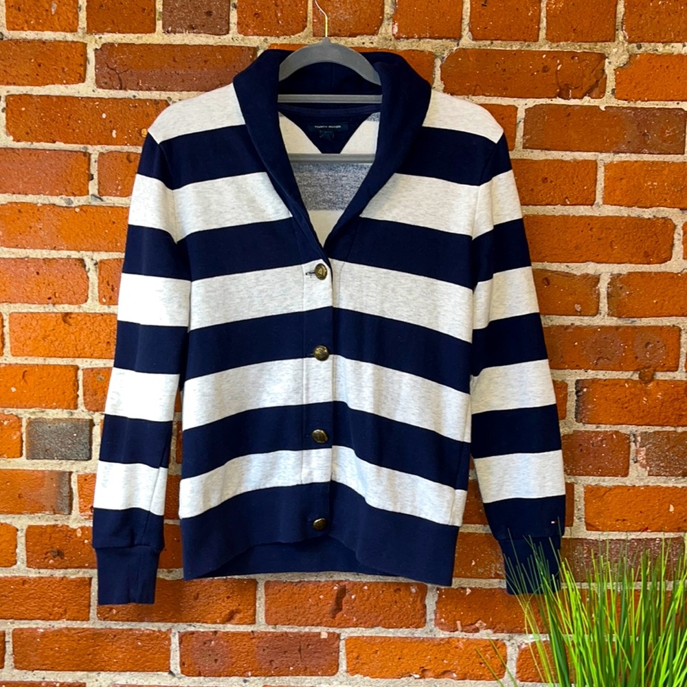 Tommy Hilfiger Cardigan Striped Button Up Gray & Navy - Size Small
